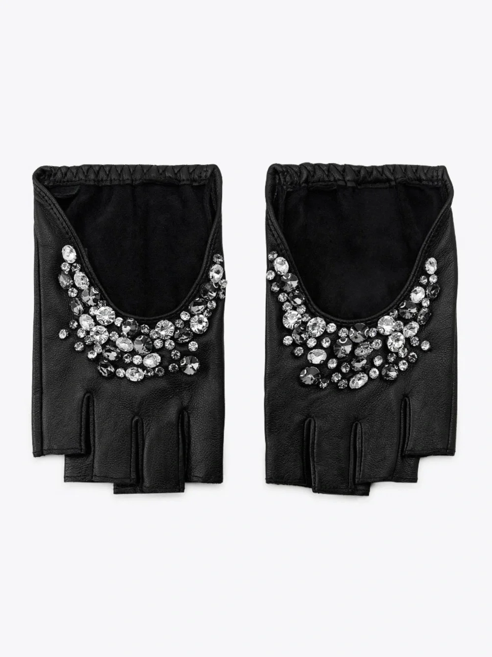 NWT. Zara Black 100% Leather Jeweled Short Fingerless-Style Gloves.